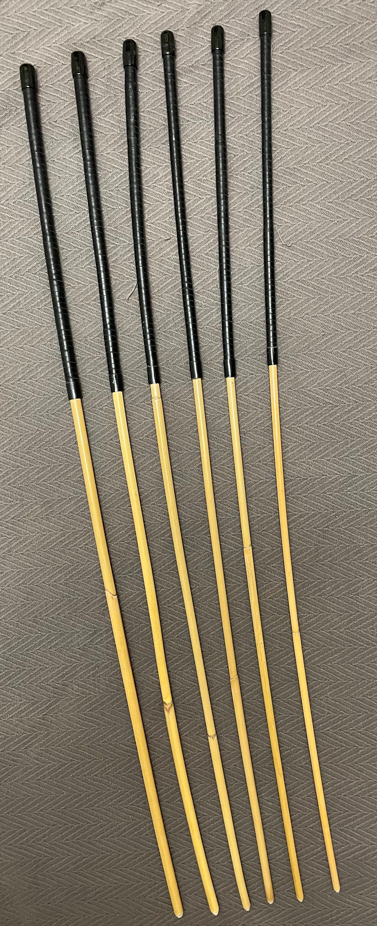 The Pro Domme Signature Set of 6 Long and Whippy Classic Dragon Canes - 100 cms Length - BLACK Kangaroo Leather Handles