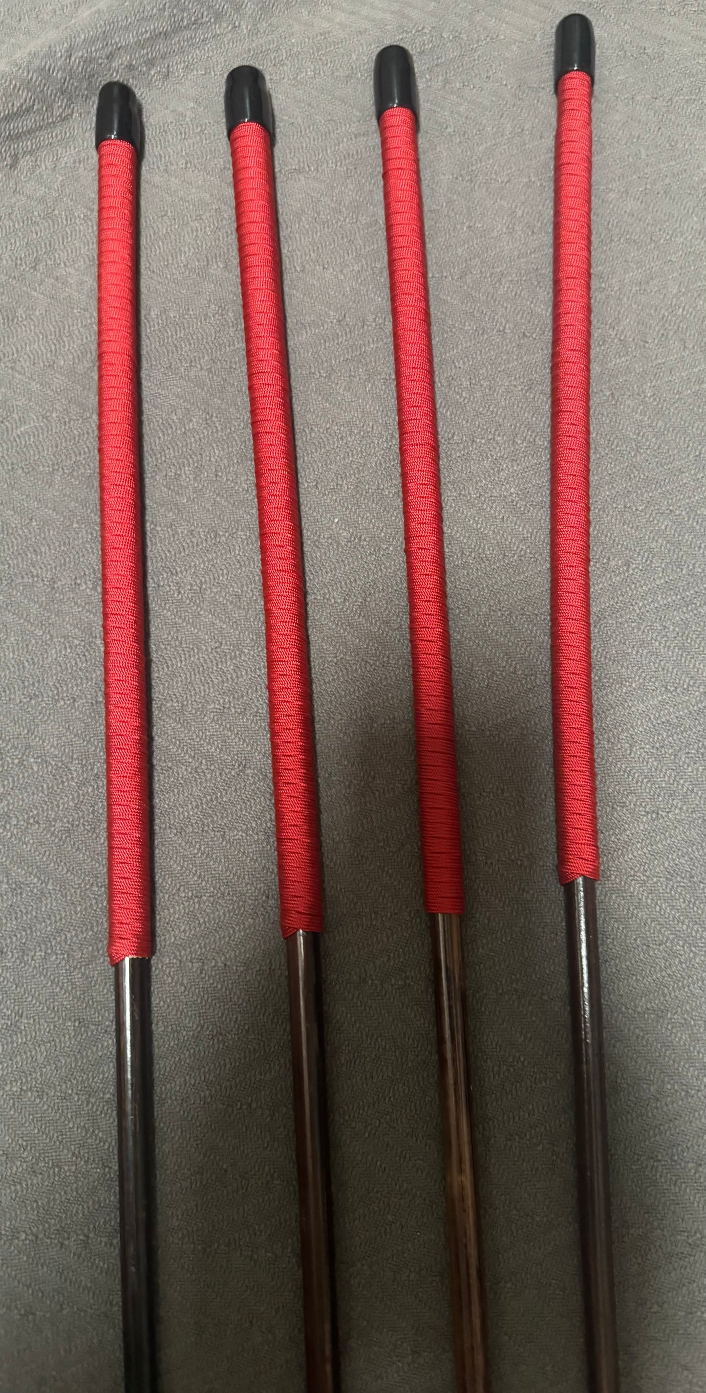 Set of 4 Whippy Swishy Thin Smoked Dragon Canes / Falaka Canes - 90 cms L & 8 - 10 mm D - Imperial Red Paracord Handles - Englishvice Canes
